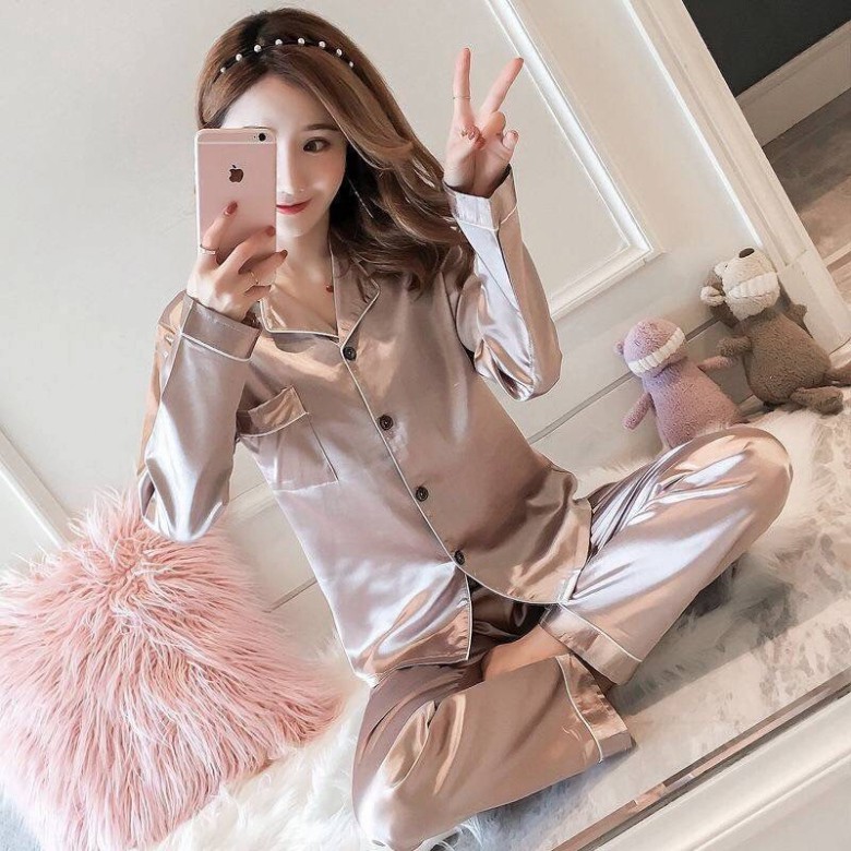 Bộ ngủ nữ pijama basic dài tay chất satin đẹp hàng Quảng Châu - Đồ ngủ đẹp | BigBuy360 - bigbuy360.vn