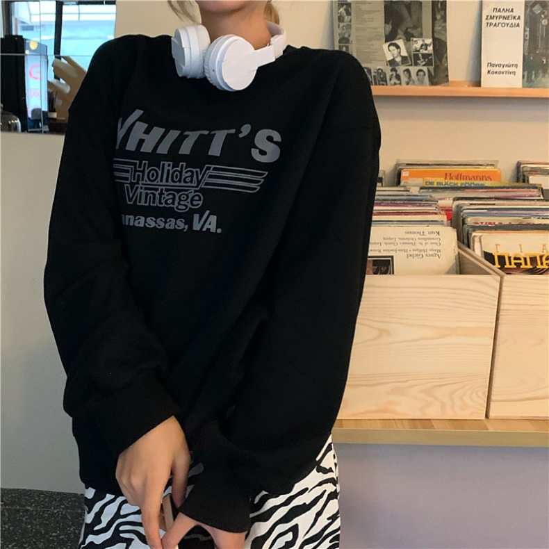 SUXI Áo Sweater Tay Dài Dáng Rộng Màu Sắc Đơn Giản In Chữ Phong Cách Hàn Quốc