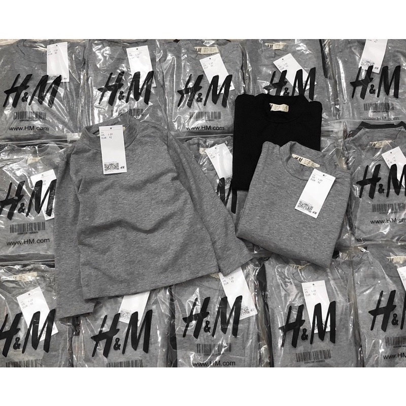 Set 2 áo dài tay cổ 3p hm cho bé trai bé gái màu ghi đen cân nặng từ 12-32kg