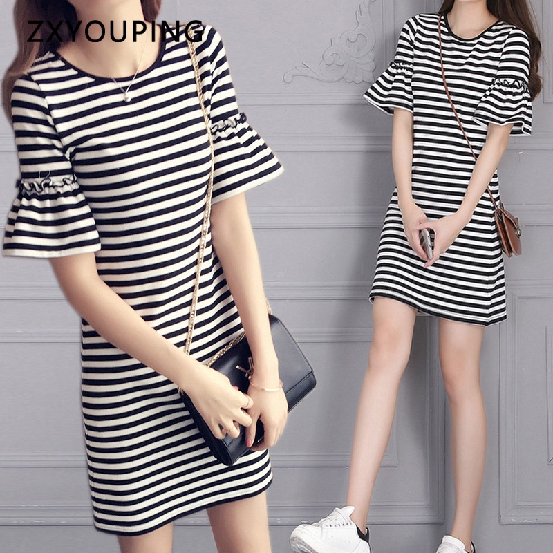 Đầm midi Cổ Tròn Tay Loe Họa Tiết Kẻ Sọc plus size M-3XL Cho Nữ