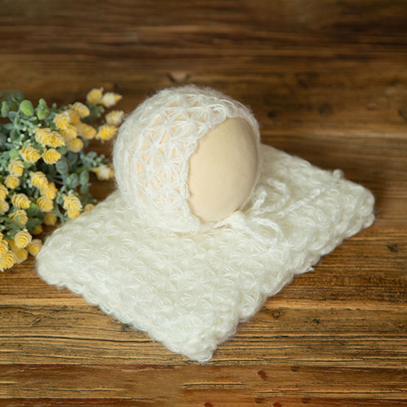 Bộ Chăn Quấn + Nón Dệt Kim Phối Lưới Co Giãn Làm Phụ Kiện Chụp Ảnh Cho Bé Sơ Sinh
