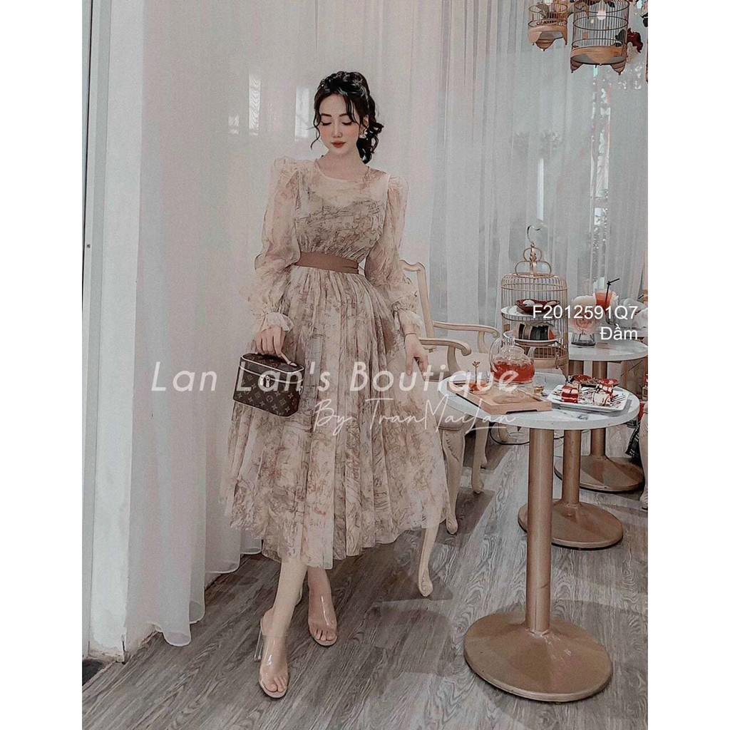 Đầm maxi họa tiết loang dáng xòe cột dây nơ eo tay dài bo