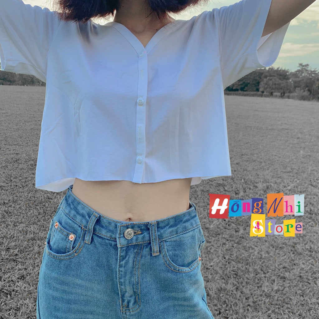 Áo Croptop Cổ Tim Nút Gài Tay Ngắn Oversize Ulzzang - MM