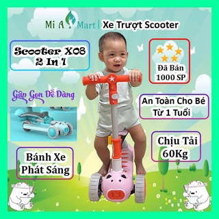 Xe scooter cho bé 3 bánh to phát sáng vĩnh cửu, chịu tải 60Kg, có ghế gấp gọn - Xe trượt scooter heo X08 | BH 12 Tháng