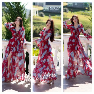 Đầm maxi hoa đỏ tay dài cột ngực xẻ đùi đi biển đi tiệc chụp ảnh dm46.328