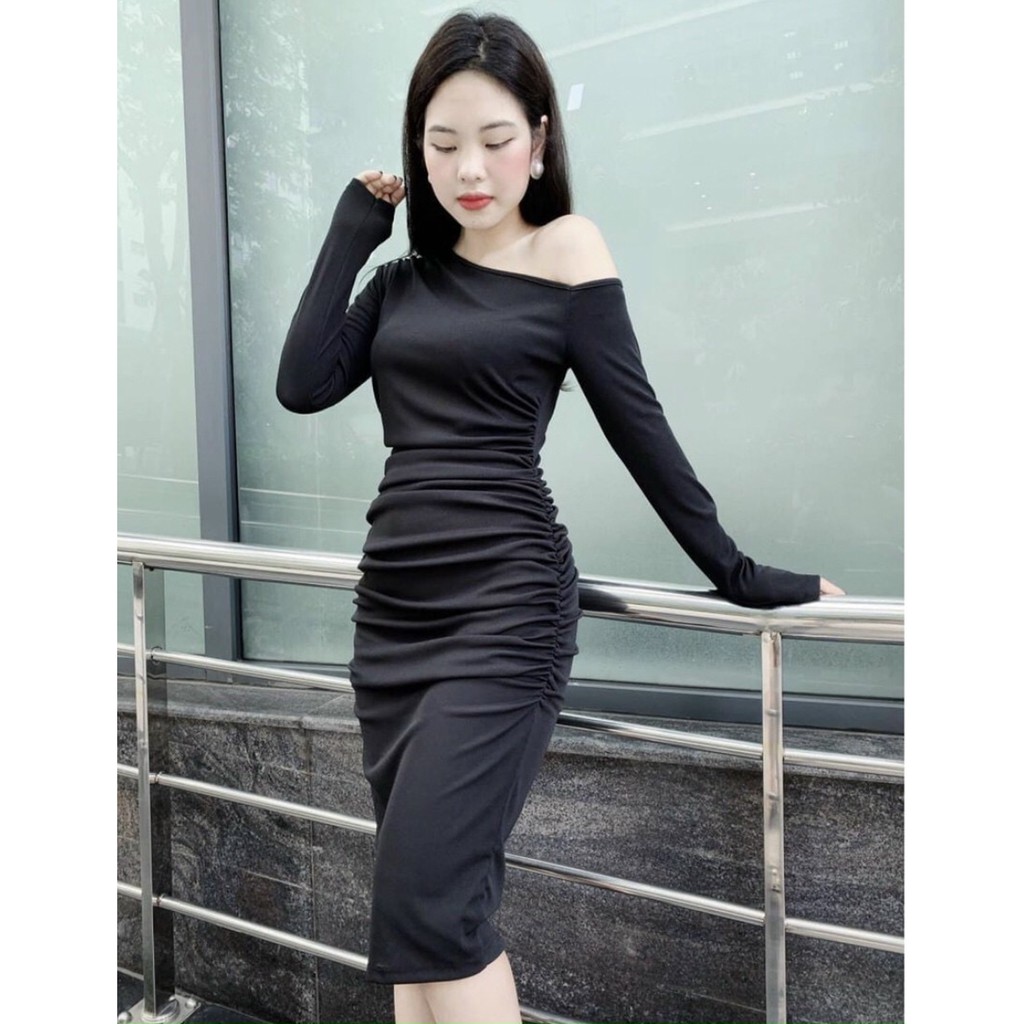 Đầm Body Lệch Vai Nhún Eo Tay Dài