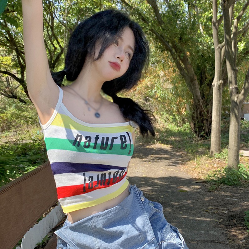 Áo Hai Dây Dệt Kim In Chữ Thời Trang Mùa Hè Cho Nữ