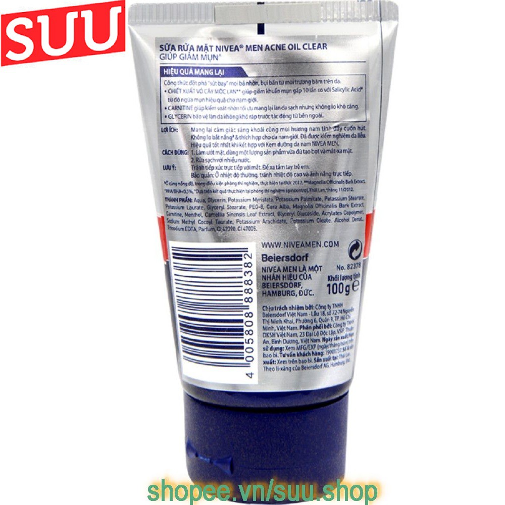 Sữa Rửa Mặt Nam 100g Nivea Ngăn Mụn Tối Ưu, suu.shop cam kết 100% chính hãng