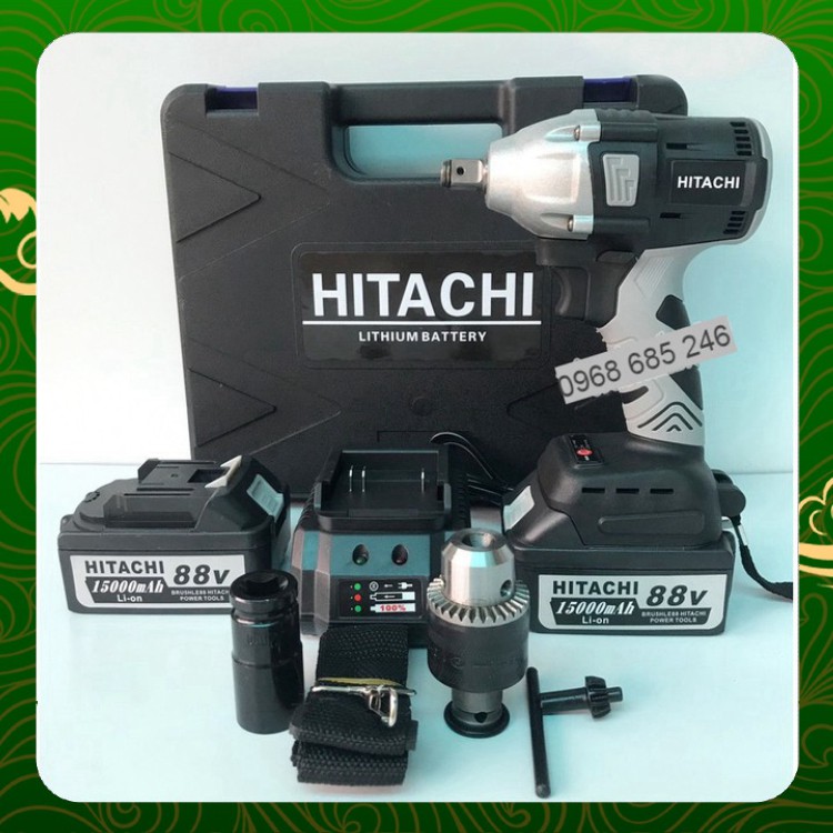 Xiết bulong Hitachi 88V không chổi than 2 pin 100% dây đồng tặng kèm đầu 1 khẩu 22, 1 đầu MĂNG RANH _ Nhật Việt official