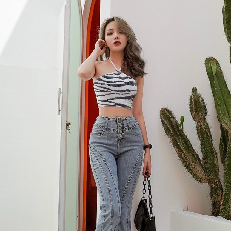 Áo yếm croptop đan dây hở lưng body phối màu bò sữa và ngựa vằn cực hot , chất thun coton mềm mịn