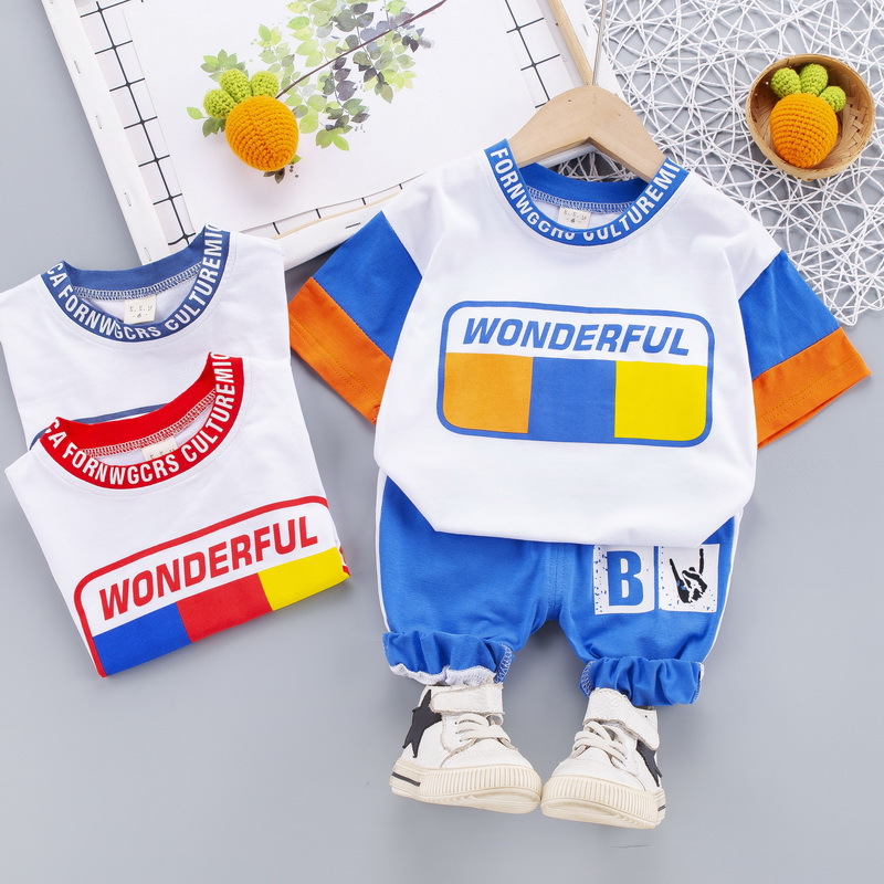 Bộ đồ thời trang dành cho nam giới 0-4 tuổi, bé trai mùa hè, áo thun cotton với họa tiết chữ cái màu + áo ngắn tay + quầ
