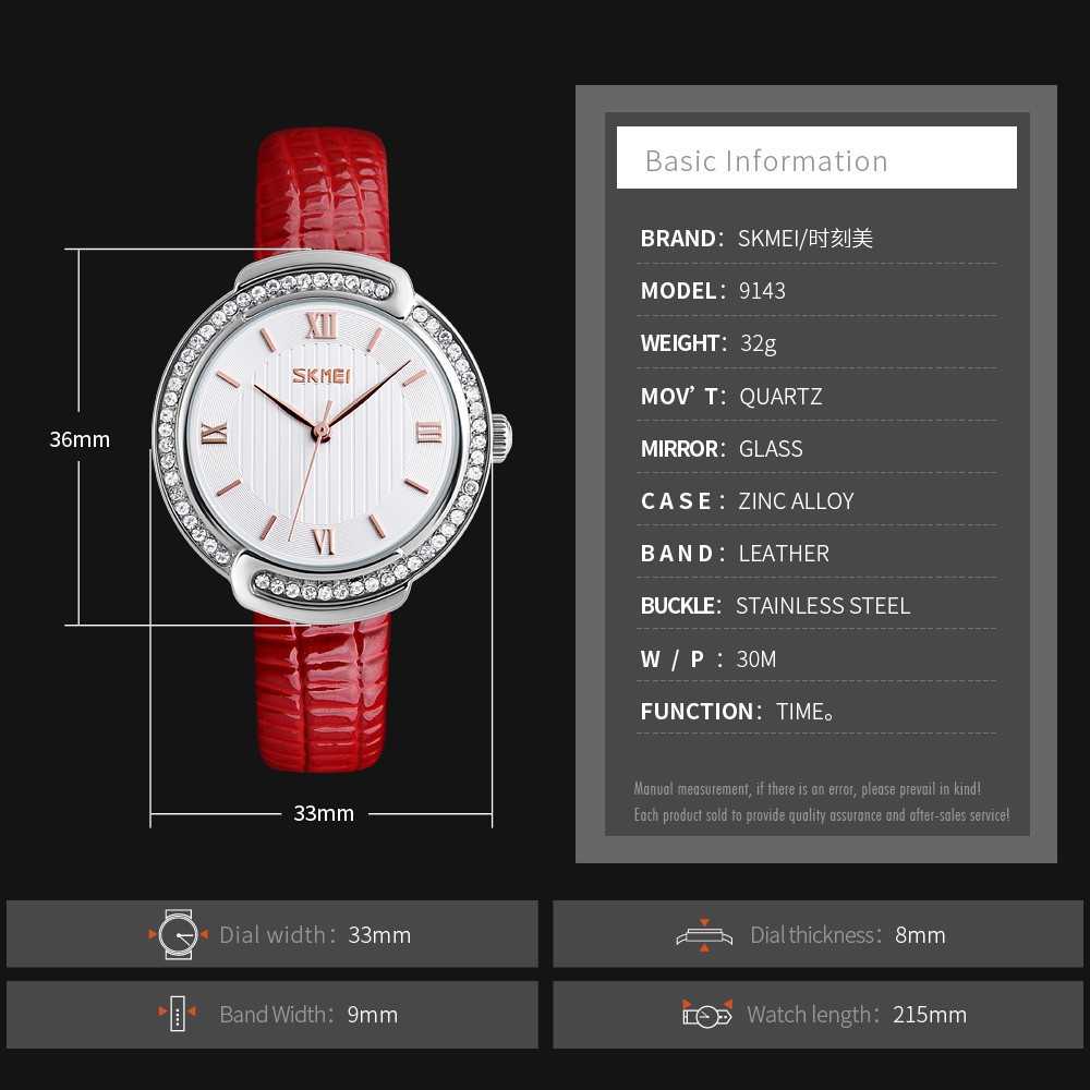 ĐỒNG HỒ NỮ SKMEI 9143, DÂY DA CAO CẤP, MẶT TRÒN ĐÍNH ĐÁ, THIẾT KẾ SANG TRỌNG Bán lẻ giá sỉ