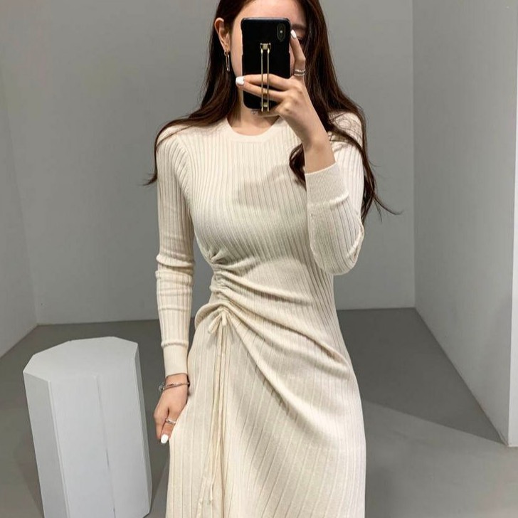 Đầm dệt kim ôm eo xếp li dài tay phối dây rút phong cách Hàn Quốc thanh lịch