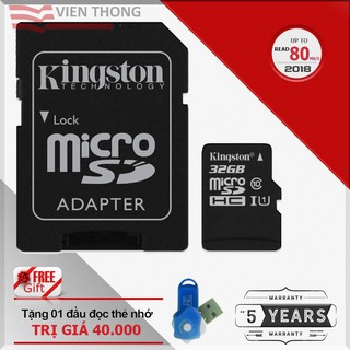Thẻ nhớ micro SDHC Kingston 32GB class 10 kèm Adapter tặng đầu đọc thẻ (ngẫu nhiên)- Hãng phân phối chính thức