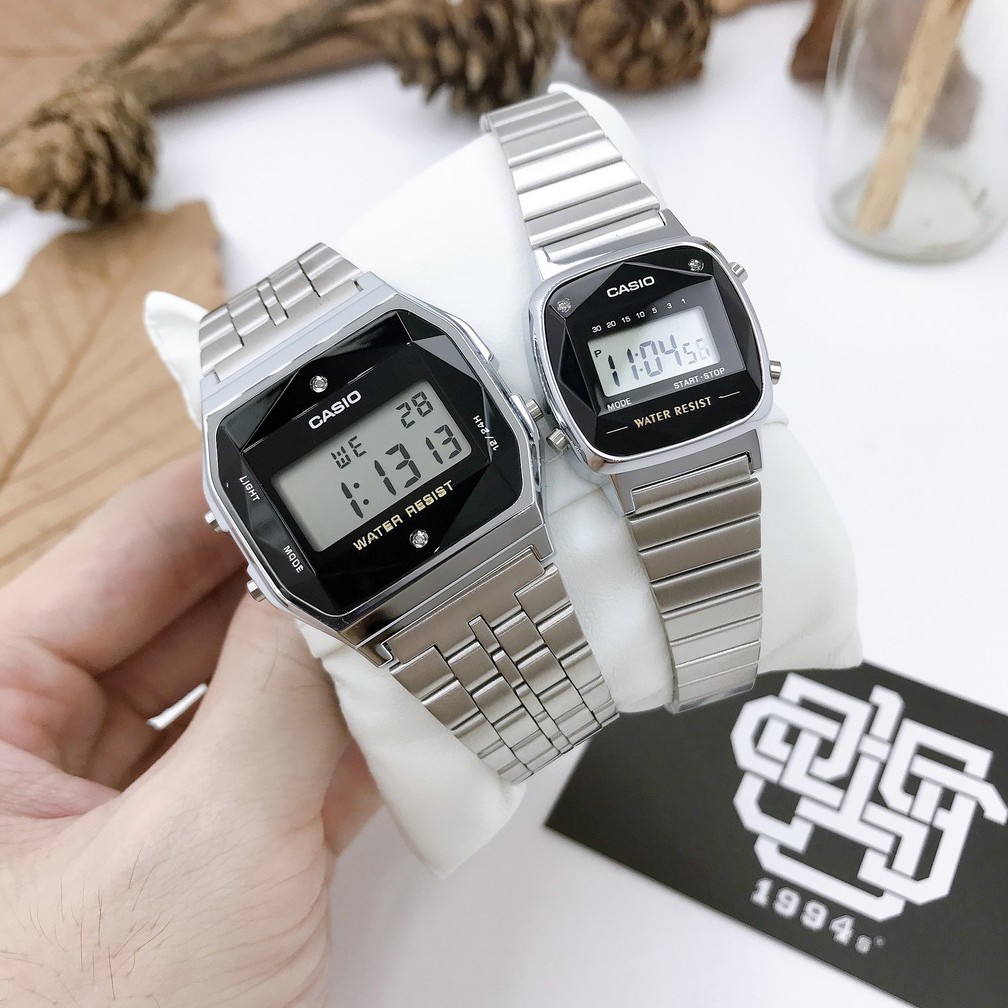 Đồng hồ cặp Casio A159WAD-1 / LA670WAD-1 / A159WGED-1 / LA670WGAD-1 đính kim cương, chống nước 50m, hàng chính hãn