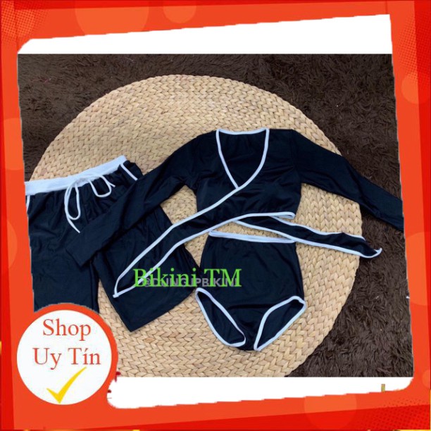 Bikini , Cuple Đôi Nam Nữ ÁO CHÉO Tay Dài Đen Viền Trắng- Quần Nam Lưng Trắng Rẻ Đẹp ODERI53