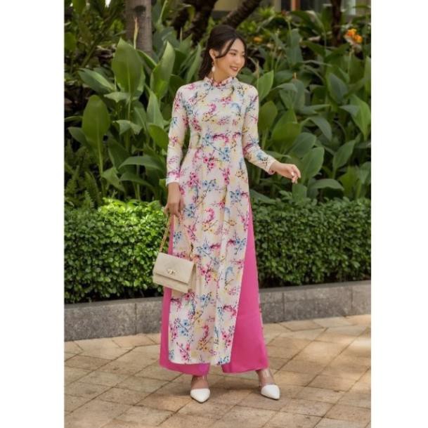 Áo Dài Truyền Thống Nữ Cổ Cao Vải Gấm  Màu Trắng In Hoa Mai Đào Có Nhiều Size - LASENTUS