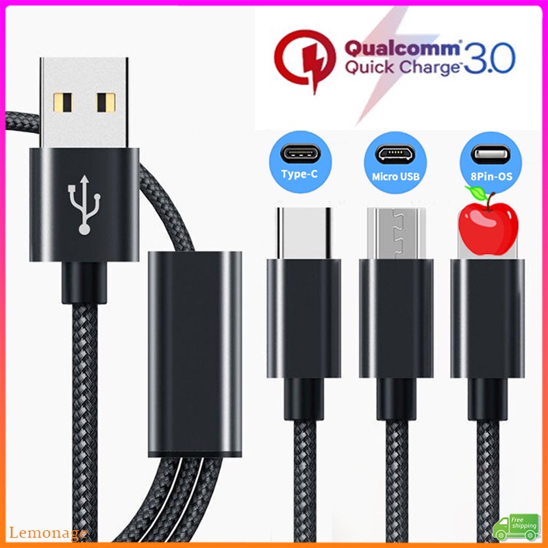 Dây Cáp Sạc Nhanh Micro Usb / i / Type C Thiết Kế Dây Bện 3 Trong 1 Tiện Dụng
