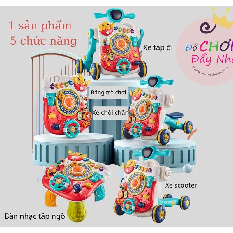 (Tích hợp 5in1) Xe tập đi, chòi chân, scooter, bàn nhạc đa năng, bảng trò chơi treo nôi- Đồ chơi đầy nhà