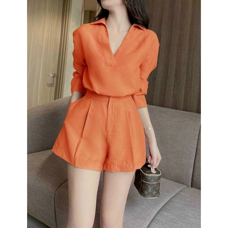 Sét bộ thời trang nữ áo sơ mi cổ V tay dài phối quần đùi đa dạng màu sắc (Hồng, Xám, Vàng, Nâu).