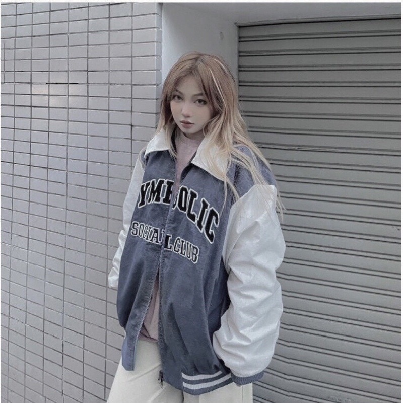 Áo Bomber Nhung Tăm 1 Lớp Áo Khoác Khoá Cổ Bẻ Thêu Chữ Cá Tính
