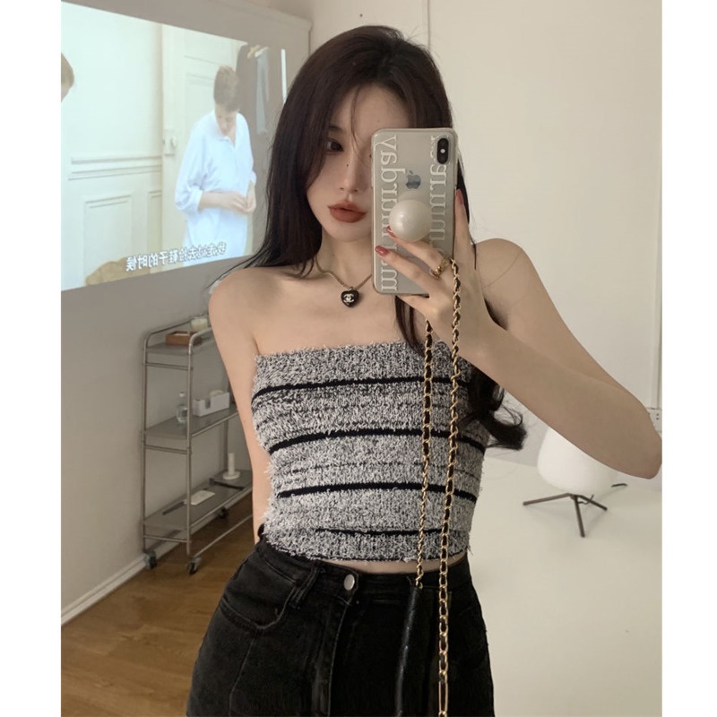 Áo Ống Ngắn Bằng Vải Lông Họa Tiết Kẻ Sọc Chống Chói Gợi Cảm Cho Nữ