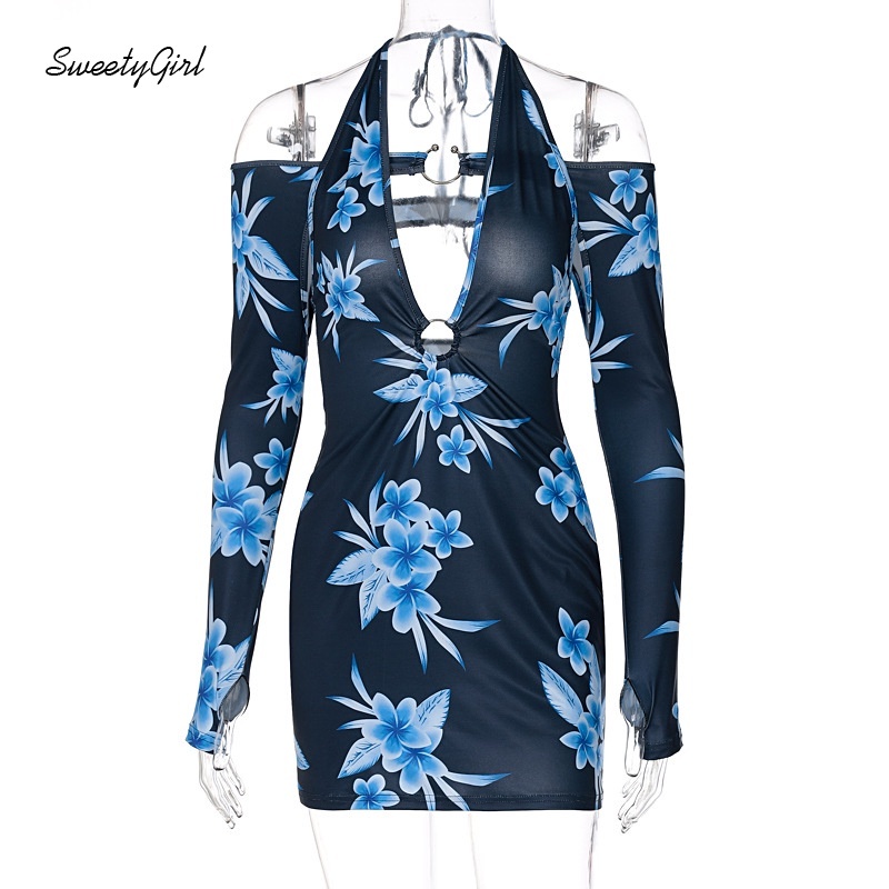 Đầm mini tay dài cổ chữ V in hoa màu tương phản thời trang quyến rũ cho nữ