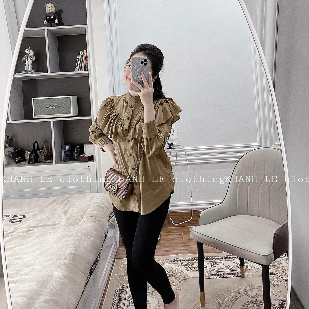 Áo Sơ mi cổ trụ phối bèo tầng tay bồng dáng thụng cá tính tiểu thư sang chảnh cổng sở bánh bèo