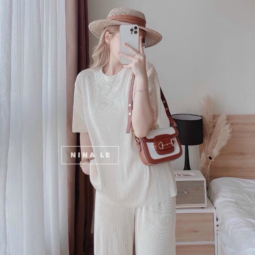 Sét bộ thun gân tay ngắn phối quần dài suông sang chảnh năng động dạo phố với nhiều màu sắc