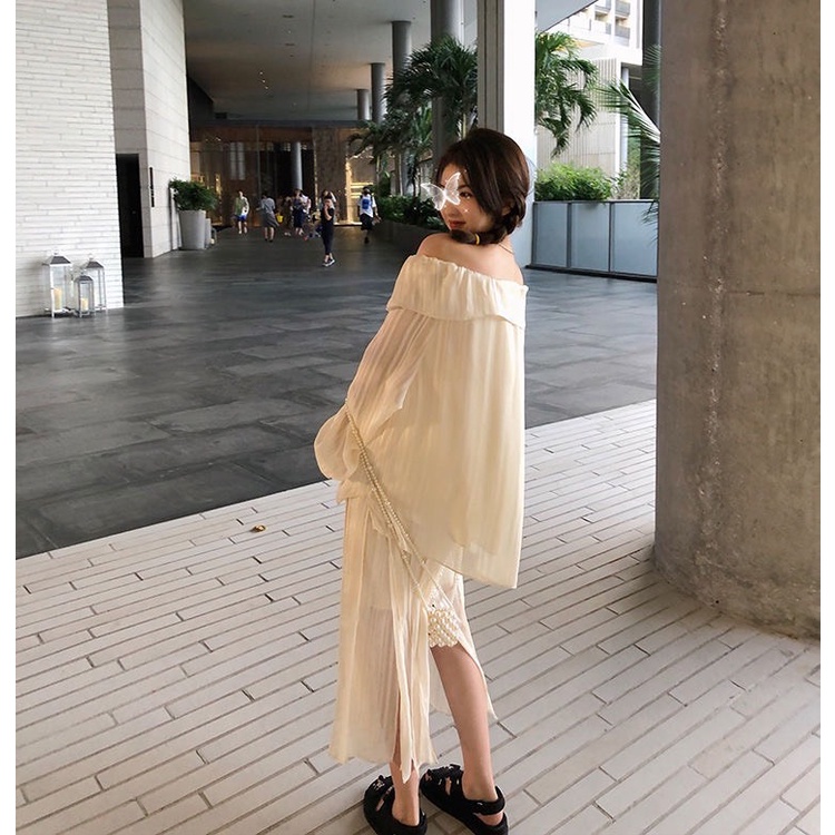 Áo trễ vai nữ bánh bèo tiểu thư chun tay chân váy dài xẻ form rộng phong cách vintage