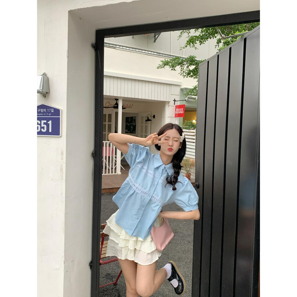 「 WELOVE1 」Áo Sơ Mi Cổ Polo Tay Lửng Màu Trơn Phong Cách Hàn Quốc Thời Trang Mùa Hè Mới Cho Nữ