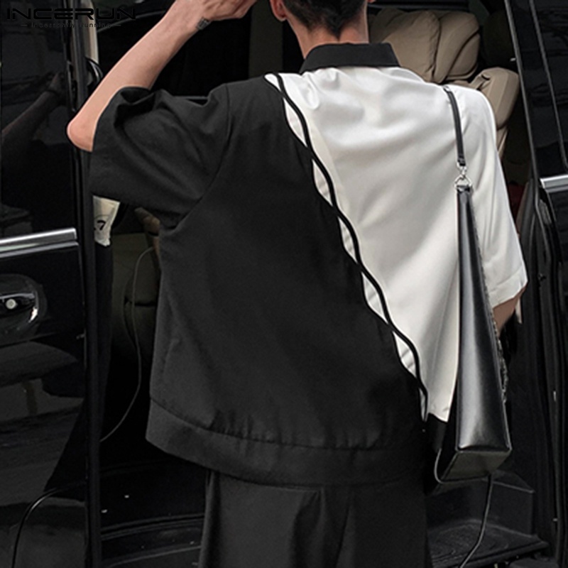 Áo sơ mi INCERUN tay ngắn dáng rộng kết hợp màu sắc trắng và đen phong cách đường phố cá tính dành cho nam