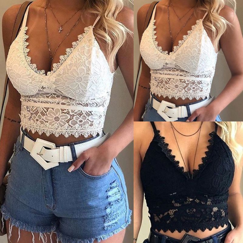 Áo croptop hai dây cổ chữ V phối ren hoa gợi cảm size S-3XL cho nữ