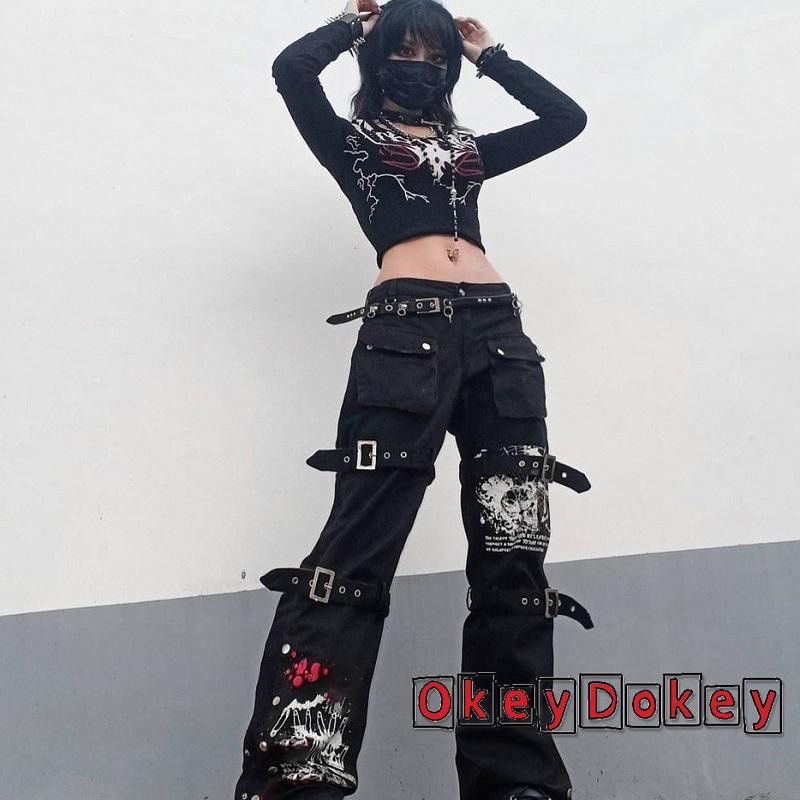 OKDK-y2k Women High Waist Jeans with Metal Buckle Belt Lengthened Style Street Dark Spring Clothing