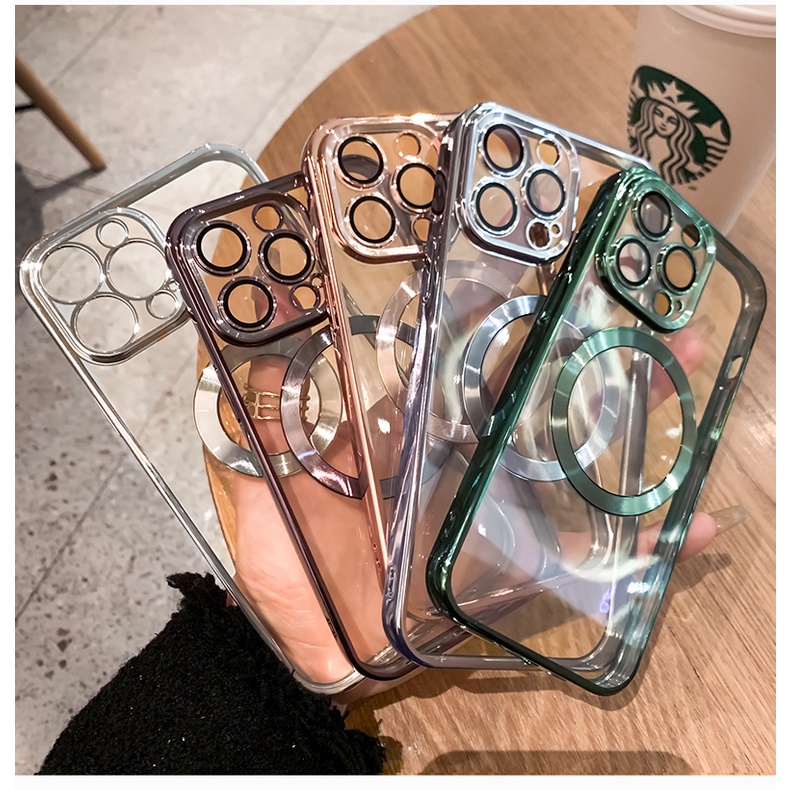 Ốp Điện Thoại Dẻo Trong Suốt Mạ Màu Sang Trọng Kèm Giá Đỡ Từ Tính Cho IPhone 13 Pro 12 Mini 11 Pro Max