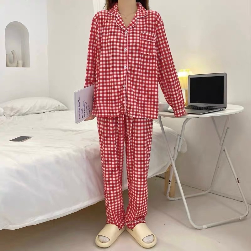 [CÓ SẴN] Đồ ngủ pijama dài tay quần dài kẻ caro hè thu đông Hàn Quốc ullzang dễ thương