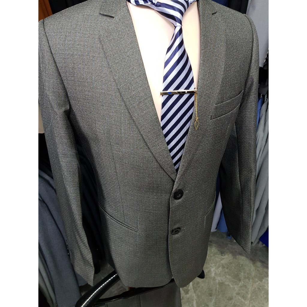 Bộ vest nam kiểu 2 nút trung niên màu xám ghi sọc nhẹ chất vải dày mịn tặng cà vạt kẹp