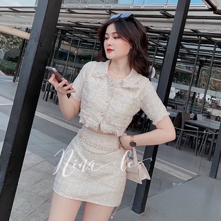 Set áo croptop dạ nút + chân váy