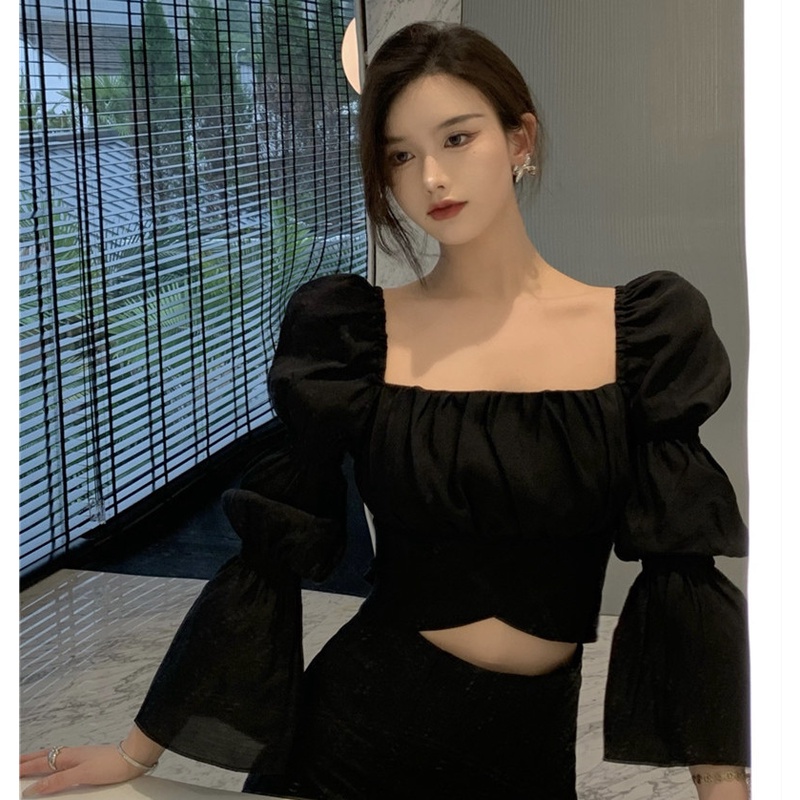 Áo Croptop Tay Loe Dài Phối Nơ Thiết Kế Hợp Thời Trang