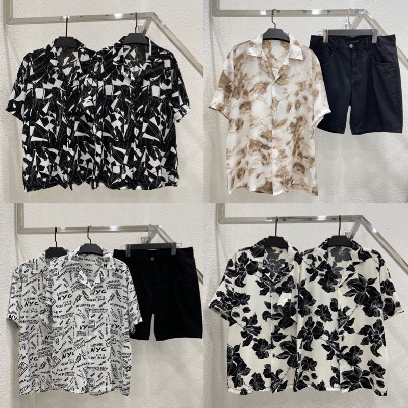 Áo sơ mi tay ngắn hoạ tiết vải lụa mango áo cuban shirt ngắn tay cổ vest mùa hè