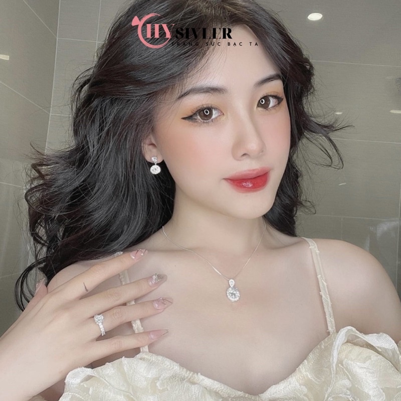 Đôi bông tai bạc ta đính đá sáng đẹp ổ đá tròn nữ tính dạng dài bông tai bạc thật giá rẻ CHY SILVER