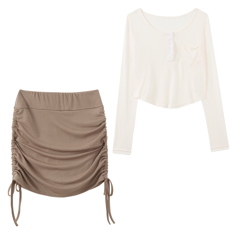 Set áo thun dài tay mùa thu ôm body đuôi tôm+ Chân váy thun rút dây nhăn nhún sexy Hong Kong