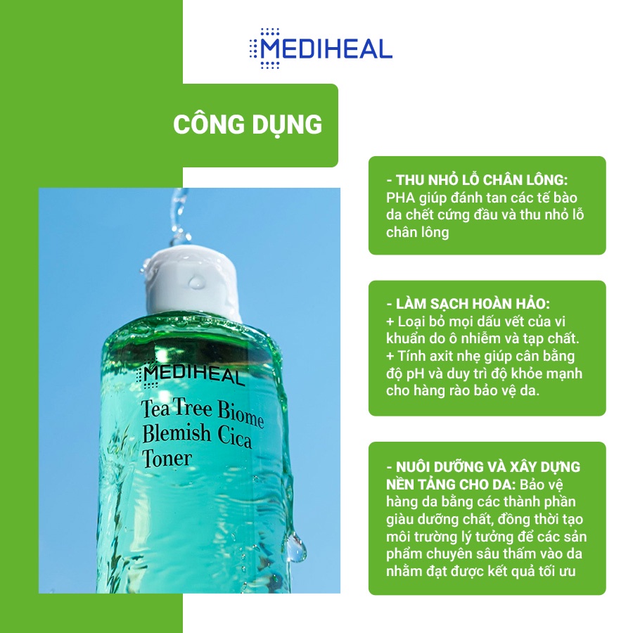 Nước Hoa Hồng Chiết Xuất Tràm Trà Và Rau Má Mediheal Tea Tree Biome Blemish Cica Toner 320ml