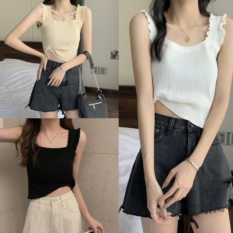 Youyo Áo Tank Top Không Tay Nhún Bèo Dáng Ôm Thời Trang Đi Biển Ngày Lễ