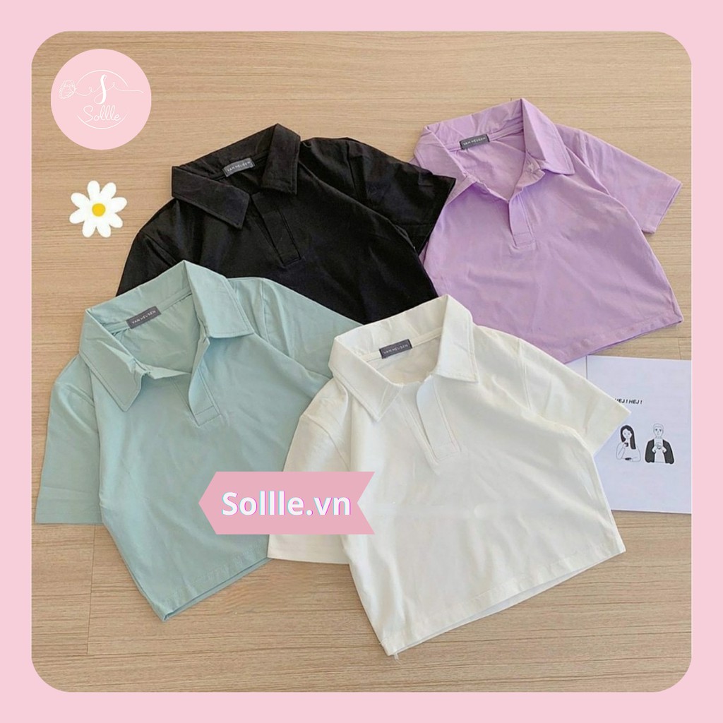 Áo croptop nữ polo Sollle, áo kiểu ngắn tay có cổ trẻ trung form ôm | BigBuy360 - bigbuy360.vn