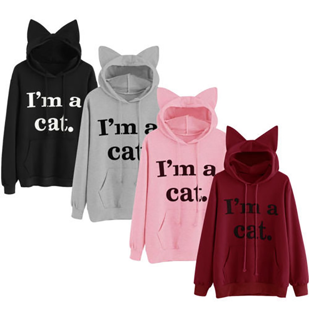 Áo Hoodie Chui Đầu Tai Mèo In Chữ Thời Trang Cho Nữ