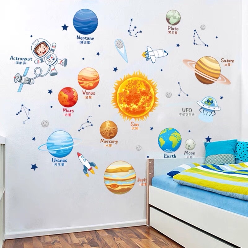 Decal dán tường vũ trụ trang trí phòng ngủ cho bé.