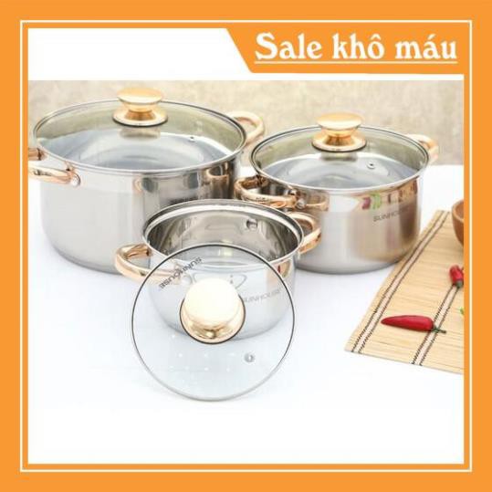 Bộ nồi Sunhouse SH781, Bộ nồi inox SH781, 5 đáy dùng cho bếp từ, 3 nồi kích thước: 16cm, 20cm, 24cm. Phù hợp với mọibeep