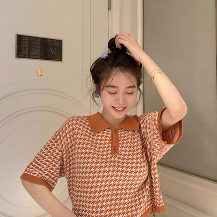 Áo Croptop Dệt Kim Tay Ngắn Dáng Rộng Họa Tiết Sọc Caro Phong Cách Hàn Quốc Thời Trang Cho Nữ