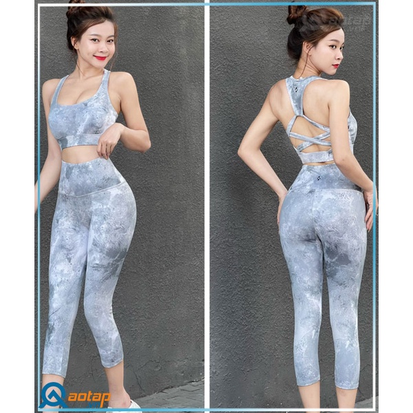 Set bộ lửng họa tiết, lưng đan dây với nhiều màu để lựa chọn - Bộ tập thể thao gym yoga 2022